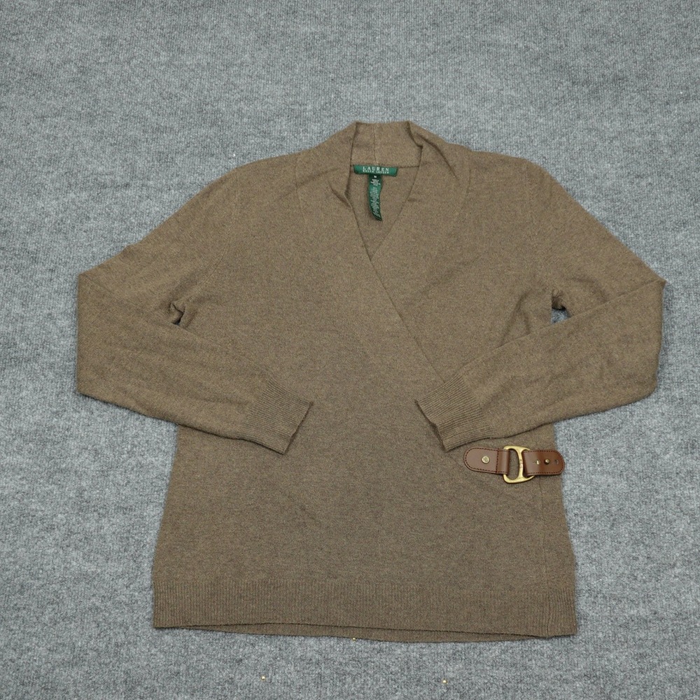 Lauren Ralph Lauren Sweater Womens Medium Brown Faux Wrap Buckle Cashmere Blend